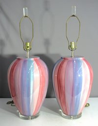 Pair Of  Modern Striped Glass And Lucite Table Lamps