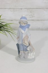 LLADR Winter Boy W/ Dog Figurine  Scarf, Hat & Umbrella  Porcelain Figure  7.5'