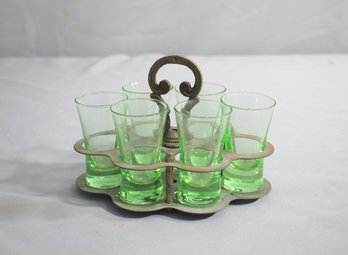 Art Deco Silver Plated Caddy With Green Cordial Glasses Barware