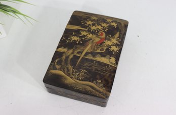 Antique Asian Lacquered Box With Gilt Bird & Landscape Decoration  Bottom Detached  8.5 X 6
