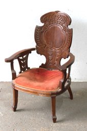 Ornately Carved Wood Armchair With Upholstered Seat