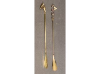 Vintage Long Brass Shoe Horns - Figurine Handles- 'HearNoSeeNospeakNo Trio' & 'Jack Woltz's Khartoum'