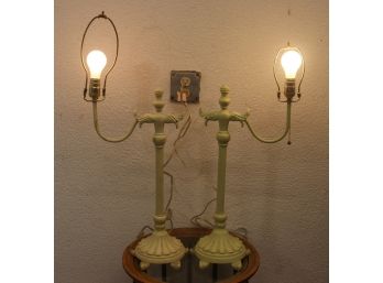 Superb Pair Of Vintage  Single Offset Arm Table Lamps - Corinthian Flourish On Painted Spelt