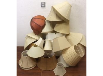Terrific Pile Of Lampshades - Most In The Beige/Ecru Family, One Deep Red Fringe Umbrella Style