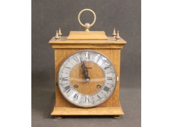 Vintage Wood Case And Glass Bezel Mantel Clock - Roman Numerals & Brass Finials