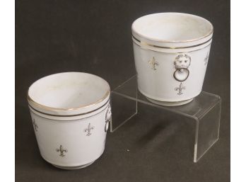 Two White/Gold Porcelain  Planters - Fluer De Lys  Lion Motif, Italy #897