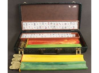 Wow...Splendid Vintage Mah Jong Set In Faux-Croc Case With Color Swirl Bakelite Racks