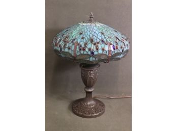 Marvelous Tiffany-style Leaded, Stained Glass Two Socket Lamp - Umbrella Shade Over Trophy Base