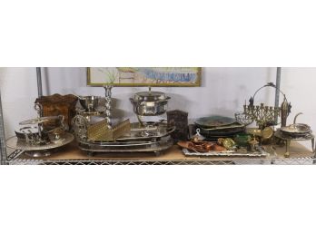 Shelf Lot Of Metal Ware - Shiny, Tarnished, Brass, Inlay, And Etched - Trays, Plates, Objet Deco