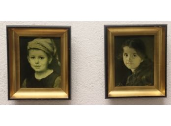 Pair Of Vintage-Style Framed Portraits - Long Haired Girl And Boy In Cap Print On Board