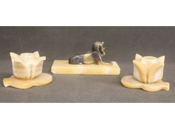 Egyptian Yellow Onxy Rose Bud Candle Holders & Cast Bronze Sphynx Figuring On Onyx Base