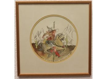Cheerful Frame Print Of An  Ink & Watercolor -Carousel Birthday Cowgirl - Signed, Dated, Inscribed