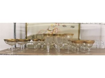 Shelf Lot Of Vintage Etched Gold Band Rim And Lined Base Glassware (might Be Moser Or Tiffin?)