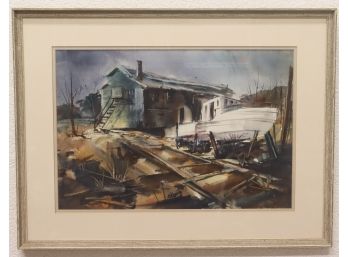 'Dry Dock January' Watercolor, Framed And Signed