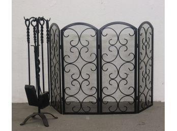 Wrought Iron Fireplace Hearth Screen And Fireplace Tools With Stand - Double Black