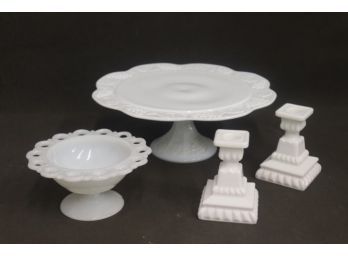 Group Of Milk Glass: Cake Stand, Tessellated Pedestal Bowl, And Grecian Urn Candlesticks