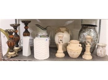 Shelf Lot #5: Vases, Pillar Stands, Urns, And Pitchers