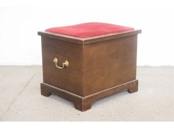 Wood And Red Velvet Footstool Hinged Storage Cube