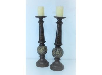 Pique Assiette  Mosaic Sphere And Column Pillar Candlesticks
