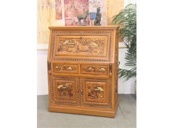 Narratively Carved Drop-Front Secretary Writing Desk