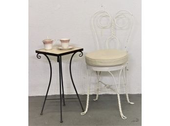 Ebony & Ivory: White Wire Ice Cream Parlor Chair With Mini Subway Tile Top Wrought Iron Side Table