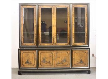 Impressive Long Credenza & Tall Curio Cabinet In Japonisme Motif  - Birds-Eye Maple, Gorgeous Inlay, Walnut