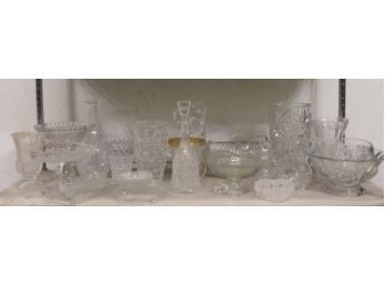 Group Lot Of Cut Clear Glass & Crystal: All Manner Of Bowls, Pitchers, Vases, And Decanter