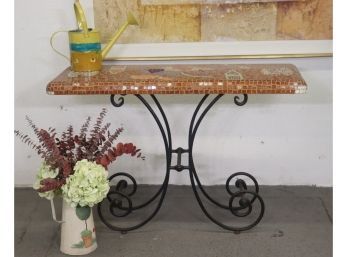 Wine & Fruit Mosaic Table In Vitreous Glass Tile - Wrought Iron Double Scroll Base