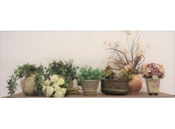 Group Lot Of Decorative (aka Artificial) Flowers And Greens In A Variety Of Planters And Flower Pots