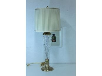 Cut Crystal Lamp With Gold Ribbed Fluted Shade & Flame-tip Teardrop Finial