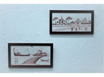 Pair Of Asian Surf & Turf Landscapes - Sepia Painted Tiles - Printed By Art Of Life Intergalactic Headquarters