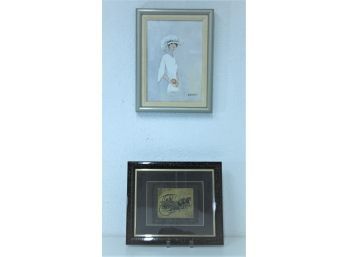 Two Original Contemporary Works: Etching On Grass Fiber By Yu Yuen Hong & Lady In White By F. Bosque