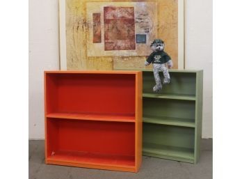 Avocado & Tomato Painted Wood Shelving Units - Two Shelves And Three Shelves