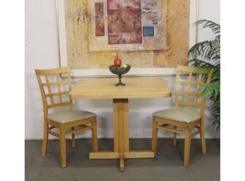 Wooden Cantilever Deuce Table With Two Lattice Back Dining Chairs