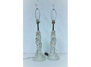Pair Of Art Nouveau Style 'Cherub Is A Player' Statuary Lamps