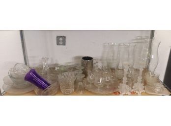 Shelf Lot Of  Glass #2: Mostly Clear, Many Bowls, Candleware, Vases, And SNIFTERS!