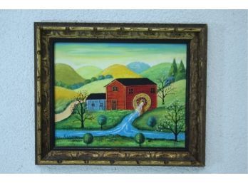 CandyLandscape: Yellow Wheel, Sugar Hills, And Pom-pom Trees - Naive Art, Paint On Board, Signed 'Kagan'