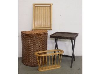 Rattan & Bamboo Hold It Group Lot: Four Functional And Decorative Items - 2 Trays, Hamper, And Rack