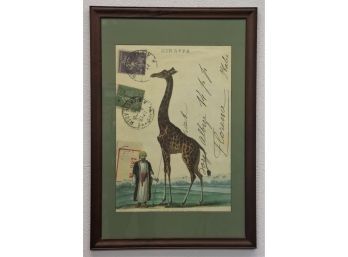 Zoological Society Giraffe & Vintage Postmark Postcard Collage, Matted & Framed