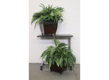 Two Artificial (but Sincere) Fern Arrangements In Bent Cube Metal Vase