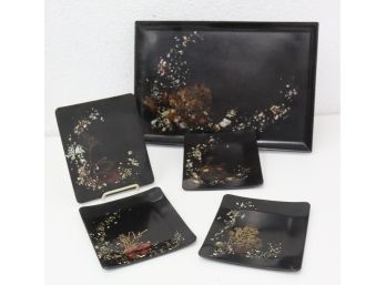Coral And Shell Inlay Tray And Dish Set Couroc Of Monterey - 1 Tray, 4 Plates