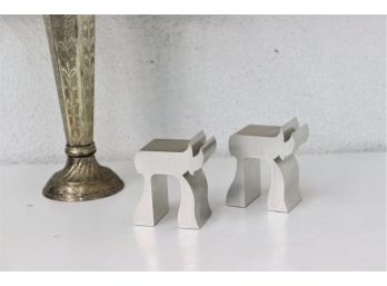 Two Scherr Collection Brushed Metal Hebrew Chai Figurines - On Has Scherr Signature Sticker On Bottom