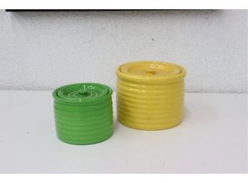 Two Coil Cylinder Lidded Canisters Bauer Los Angeles Pottery - Large In Yellow, Medium In Green