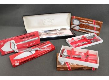 Four Vintage  Assorted Frontier Forge Stainless & Acrylic Server(s) And Everbrite Stainless Meat Carving Set