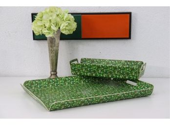 Two Green And Floral Decorative Trays - On Large And Low, One Smaller But Taller