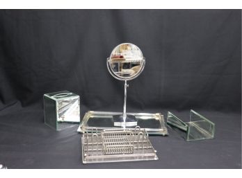 Group Lot Of Chrome, Acrylic, And Mirrored Trays, Mirror, Tissue Box Cover Etc