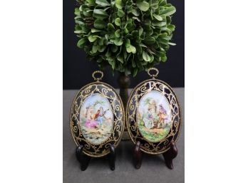 Pair Of Porcelain Cameo After Fragonard Wall Hangings In Rococo Brass Frames