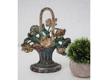 Vintage Cast Iron Distressed Blue Flower Vase Door Stop