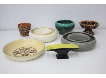 Colorful Group Lot Of Ceramic Planters, Round Ring Flower Frogs - Hull, Pfaltzgraff Etc.