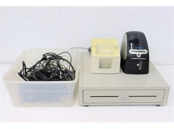 Retail Sales EQ:  Dymo LabelWriter, APG Cash Drawer, Star TSP600 Printer, Tangle Of Wires, Adapters, And Hubs